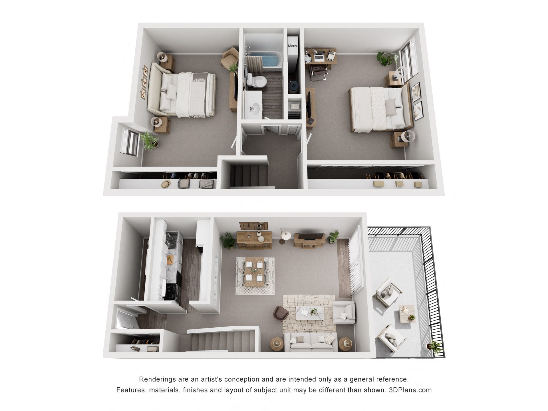 Floor plan for 2 beds, 1.5 baths, 1066 sqft